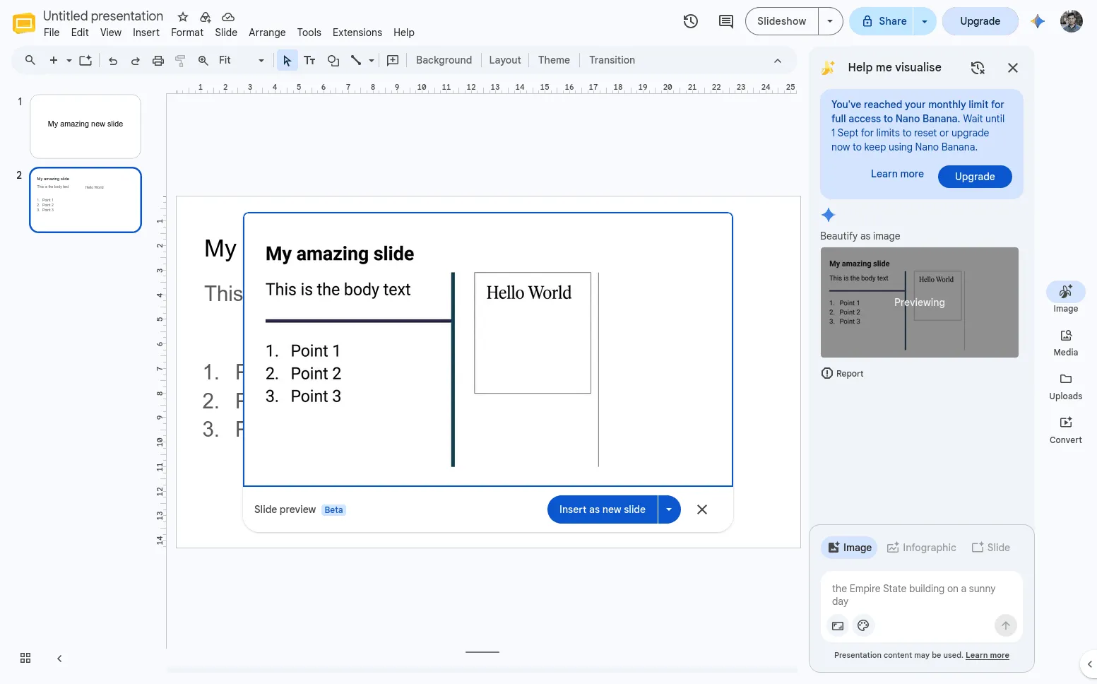 The result of Beautify: a "Slide preview" of the slide rendered as a generated image, with an "Insert as new slide" button