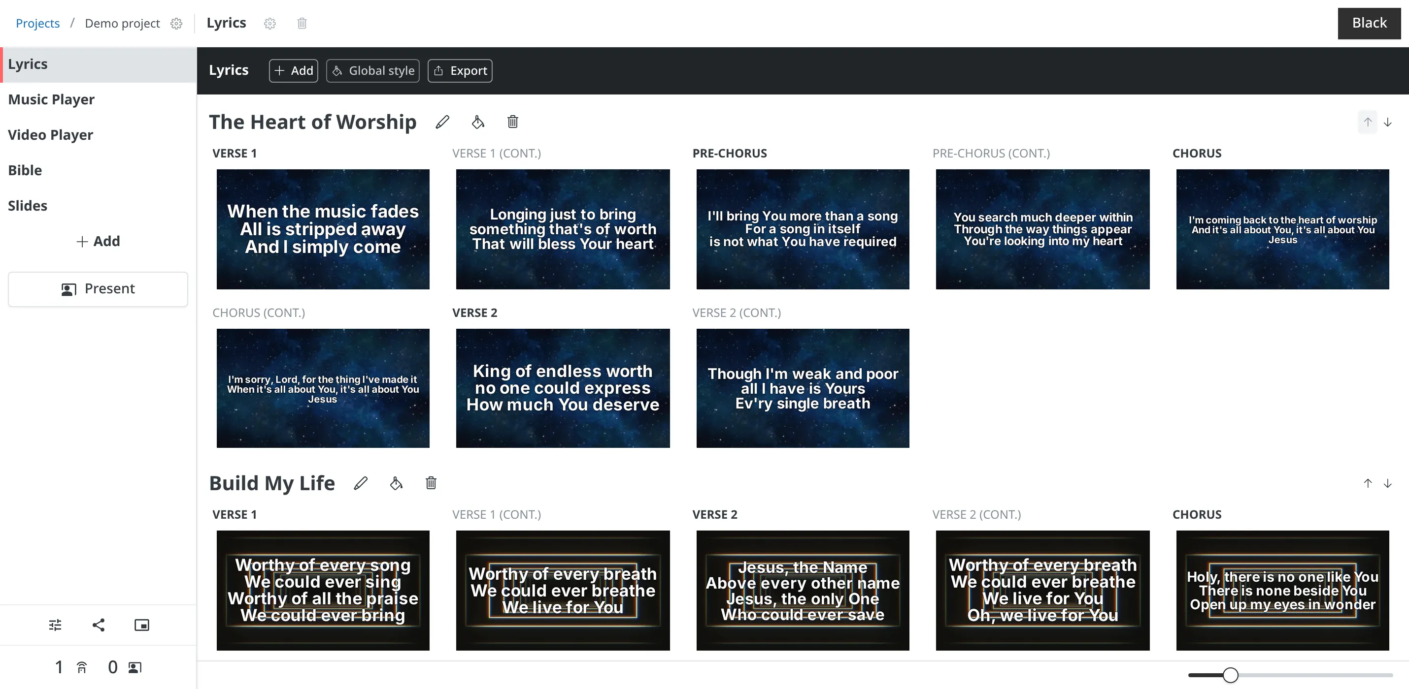 TheOpenPresenter remote, with lyrics for The Heart of Worship and Build My Life and a Slides scene for the sermon