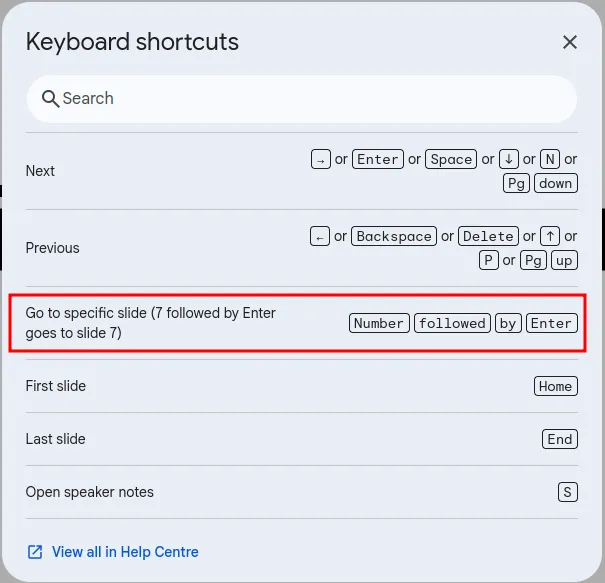 The Google Slides keyboard shortcuts dialog, with "Go to specific slide" highlighted: a number followed by Enter