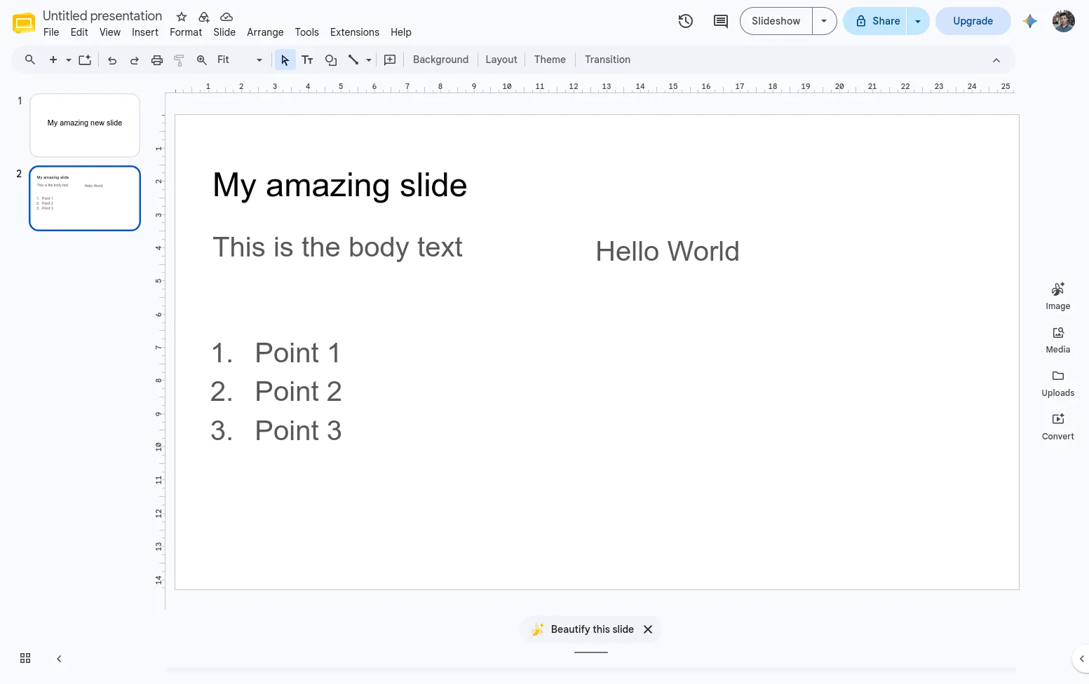 My original slide in Google Slides: a heading, some body text and a numbered list
