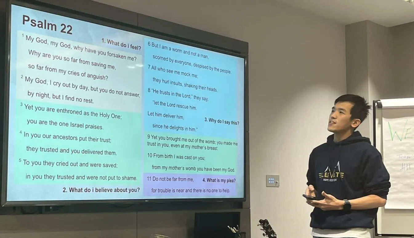 Me teaching from Psalm 22 on the big screen, phone in hand