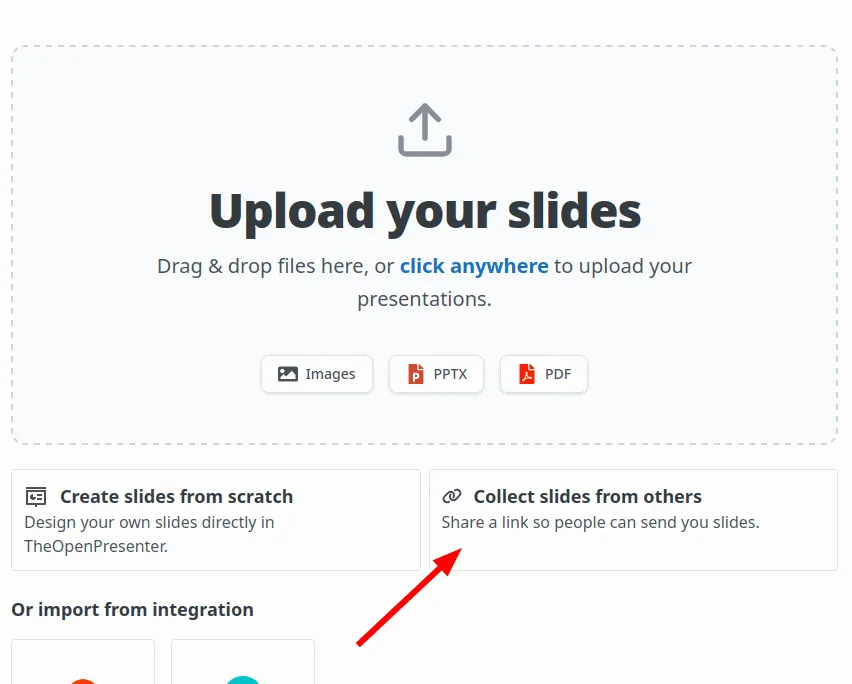 Slides upload screen with the Collect slides from others option highlighted